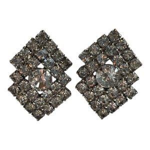 Vintage Art Deco Clear Prong-Set Rhinestones Silver-Tone Clip-On Earrings